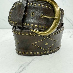 Wide Studded Brown Vegan Faux Leather Belt Large